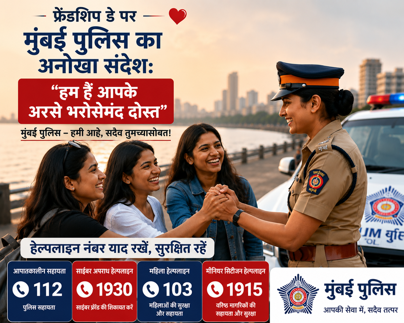 फ्रेंडशिप डे पर मुंबई पुलिस का अनोखा संदेश: “हम हैं आपके सबसे भरोसेमंद दोस्त”, हेल्पलाइन नंबर याद रखने की अपील