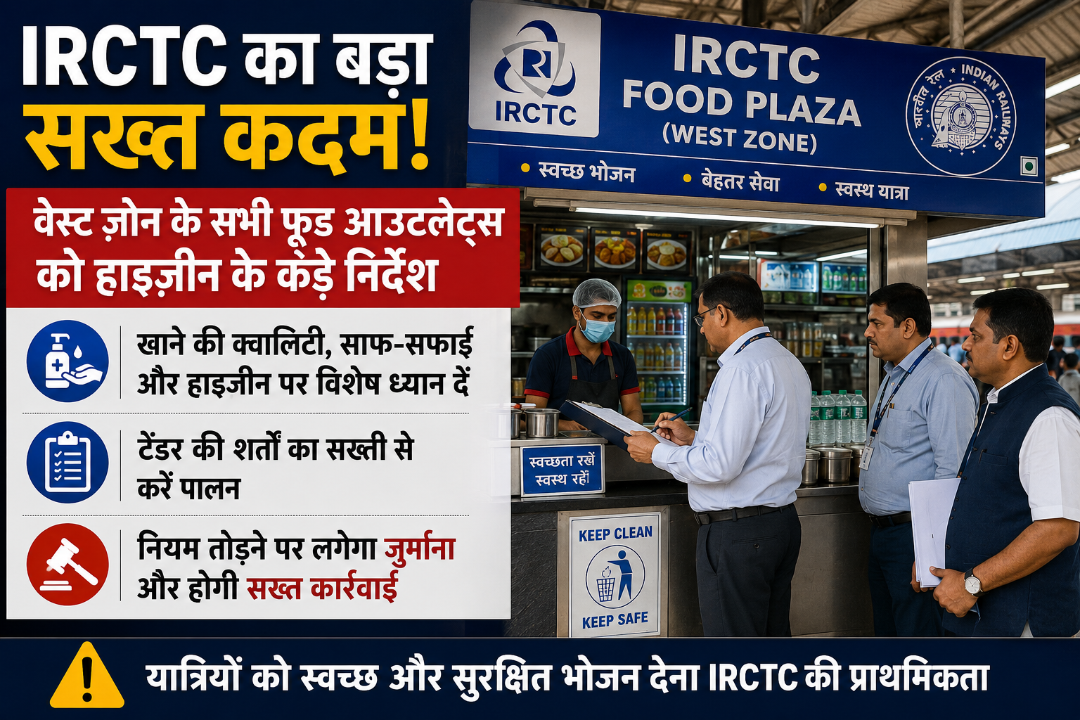 IRCTC का बड़ा सख्त कदम: वेस्ट ज़ोन के सभी फ़ूड आउटलेट्स को हाइजीन के कड़े निर्देश, नियम तोड़ने पर जुर्माना और कार्रवाई