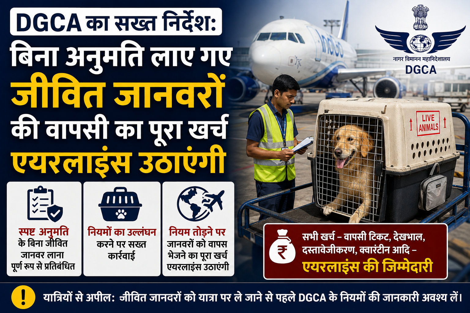 DGCA का सख्त निर्देश: बिना अनुमति लाए गए जीवित जानवरों की वापसी का पूरा खर्च एयरलाइंस उठाएंगी