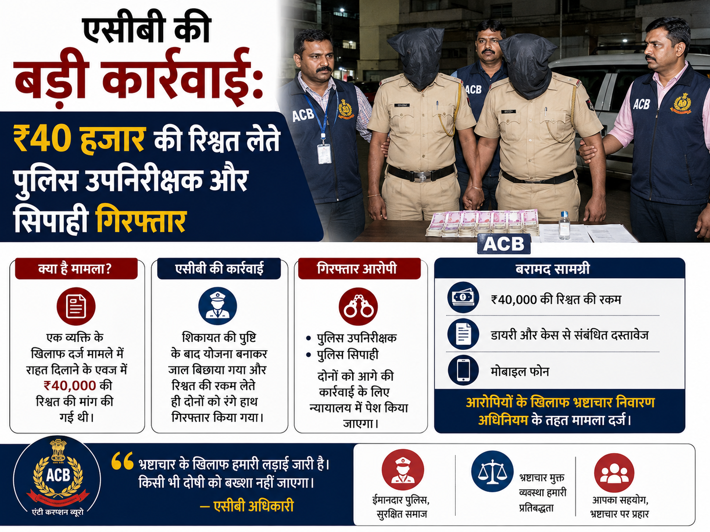 एसीबी की बड़ी कार्रवाई: ₹४० हजार की रिश्वत लेते पुलिस उपनिरीक्षक और सिपाही गिरफ्तार