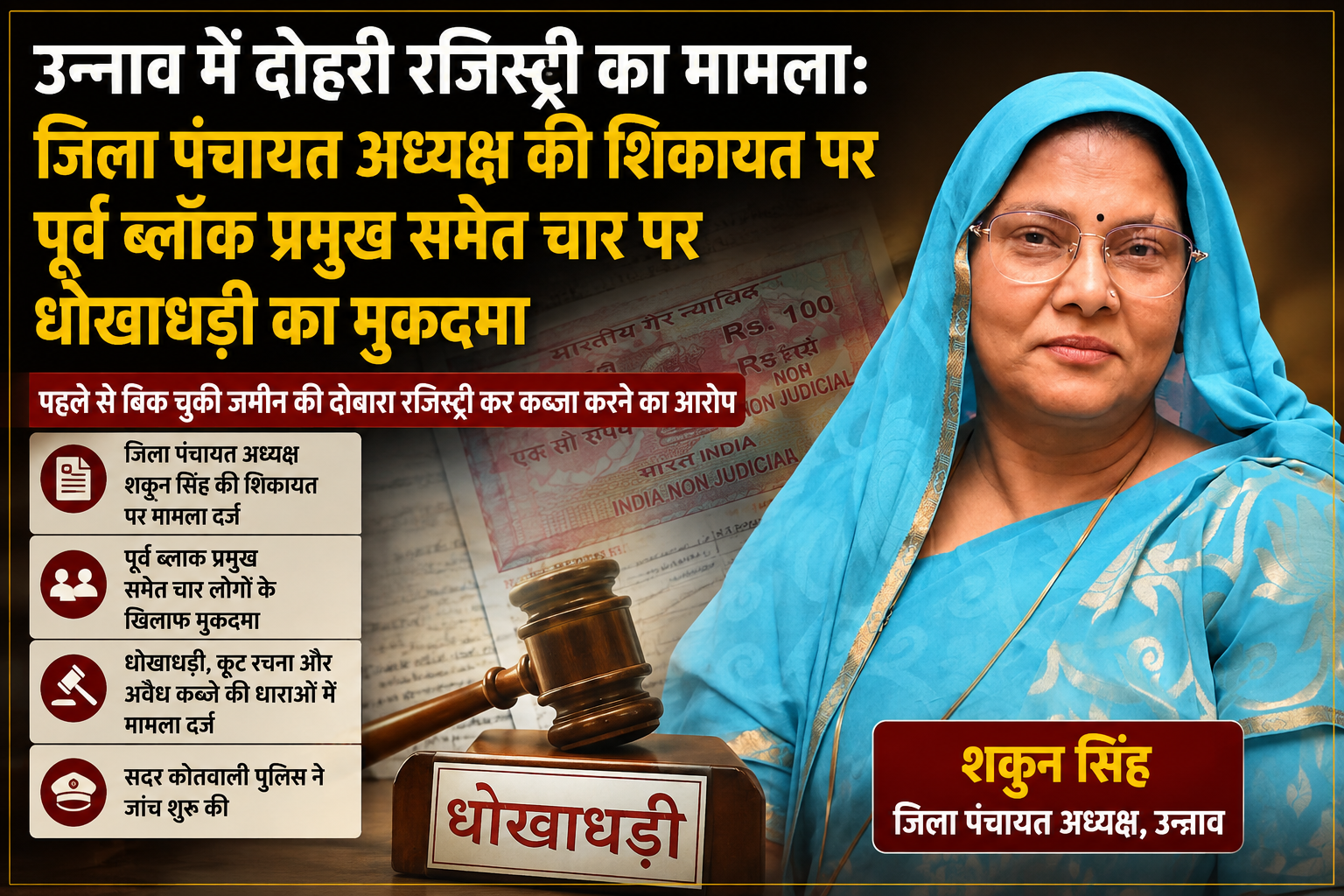 उन्नाव में दोहरी रजिस्ट्री का मामला: जिला पंचायत अध्यक्ष की शिकायत पर पूर्व ब्लॉक प्रमुख समेत चार पर धोखाधड़ी का मुकदमा