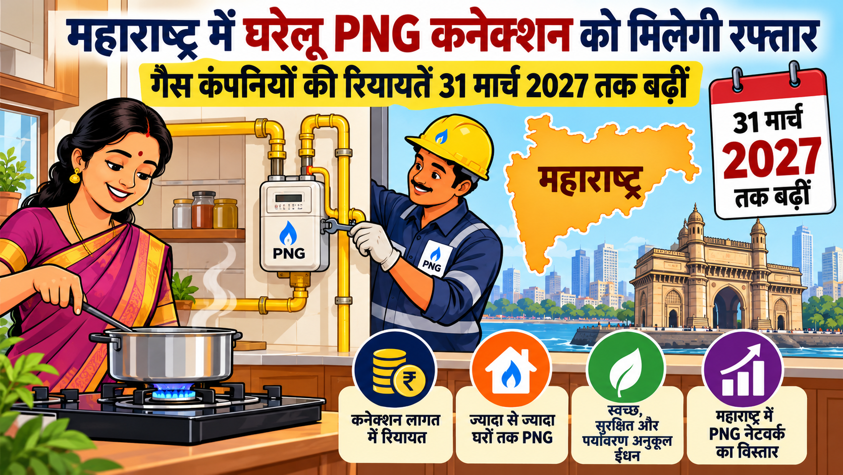महाराष्ट्र में घरेलू PNG कनेक्शन को मिलेगी रफ्तार: गैस कंपनियों की रियायतें 31 मार्च 2027 तक बढ़ीं